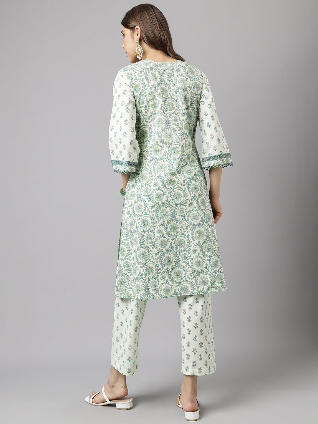 FIORRA Women's Mint Green Pure Cotton A-line Kurta with Pant